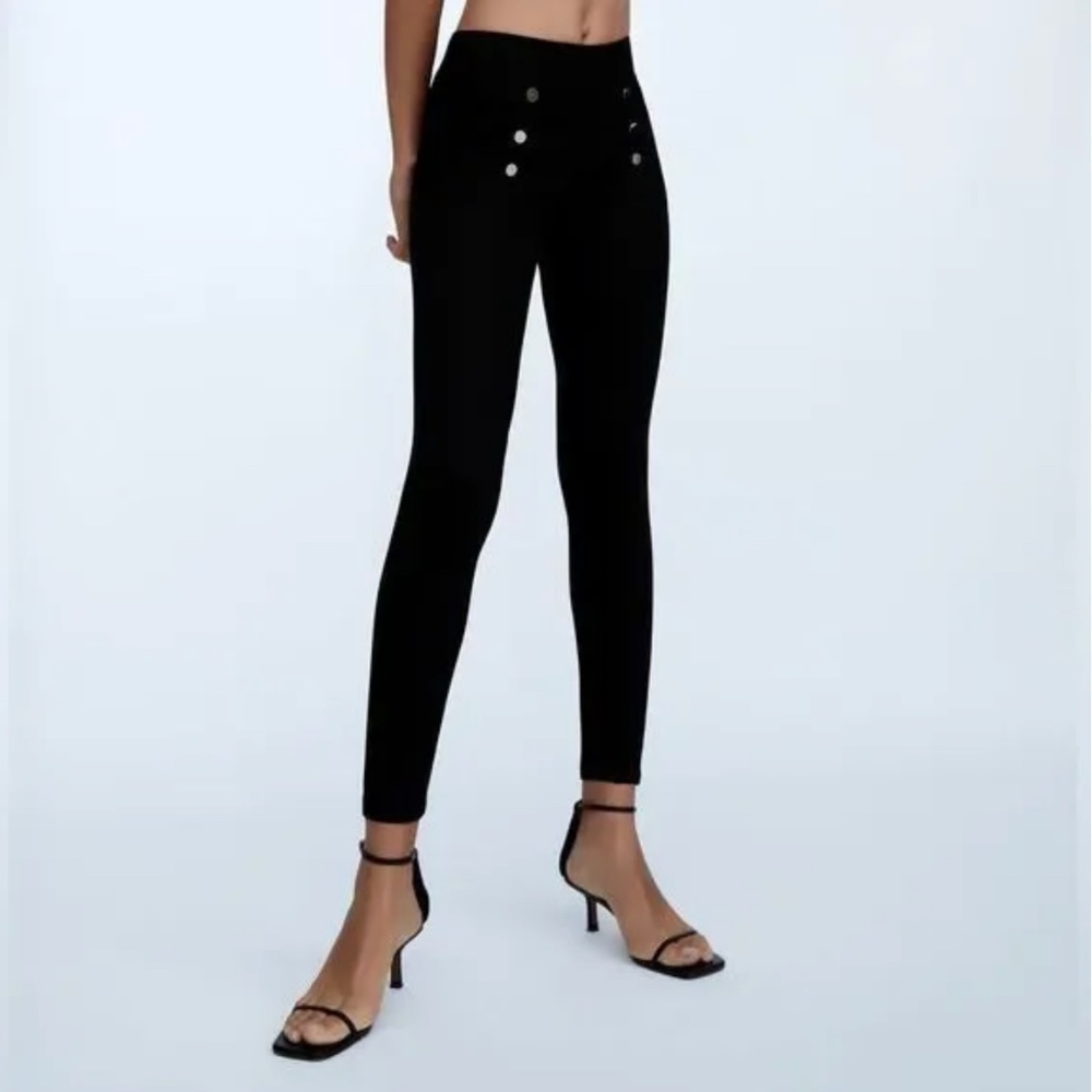 Zara Stretch Ponte Knit Pants Leggings Gold Buttons High Waist Womens Small.